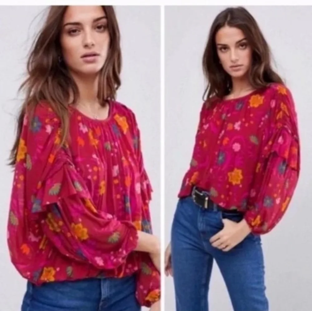 FREE PEOPLE Sheer Floral Wildflower Ruffle Sleeve Boho Blouse. XS